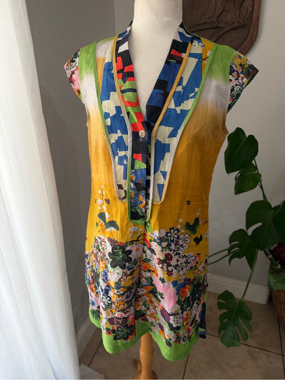 Citron Santa Monica 100% Ramie Floral Patchwork Long Vest Size M